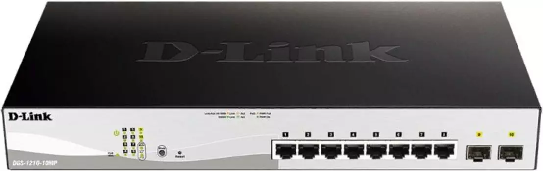 Коммутатор D-link DGS-1210-10MP/F3A 8xUTP 100/1000 PoE+, 2xSFP Gigabit, 130Wt, 19"