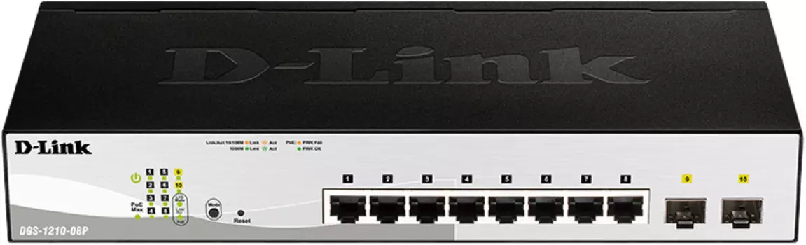 Коммутатор настраиваемый D-link DGS-1210-08P/G3A L2 PoE, 8x1000Base-T PoE, 2х1000Base-X SFP, PoE-бюджет 65 Вт, упрощенный интерфейс CLI