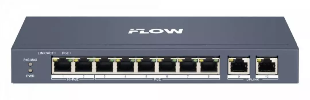 Коммутатор настраиваемый iFlow F-SW-EM410HPOE-VM 8 RJ45 100M PoE с грозозащитой 6кВ, 2 1000М комбо-порт, 802.3af/at, 2 порта поддерживает HiPoE 90Вт,
