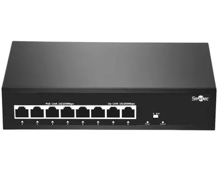 Коммутатор неадминистрируемый Smartec ST-NS206MB-MD 6 RJ-45 POE портов (10/100 Мбит/с), 2 RJ-45 Uplink порта (10/100 Мбит/с), бюджет на порт до 30 Вт,