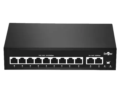 Коммутатор неадминистрируемый Smartec ST-NS209MB-MD 9 RJ-45 POE портов (10/100 Мбит/с), 2 RJ-45 Uplink порта (10/100 Мбит/с), бюджет на порт до 30 Вт,