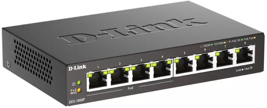 Коммутатор неуправляемый D-link DGS-1008P/F3A 4xPoE 802.3af/at, PoE-бюджет 60 Вт