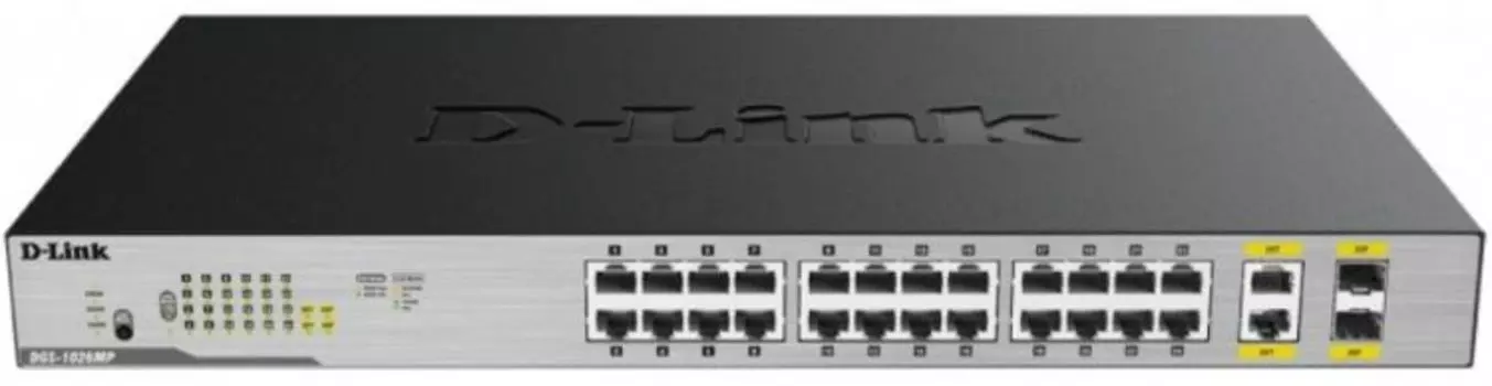 Коммутатор неуправляемый D-link DGS-1026MP/B2A 24x1000Base-T PoE, 2xCombo 1000Base-T/SFP, PoE Budget 370W, metal case