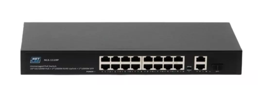 Коммутатор неуправляемый Netlan NLS-1119P 16*10/100Мбит/с PoE (af/at), 2*10/100/1000Мбит/с RJ45, 1*100/1000Мбит/с SFP, DC52V/4.8A, PoE бюджет 250W