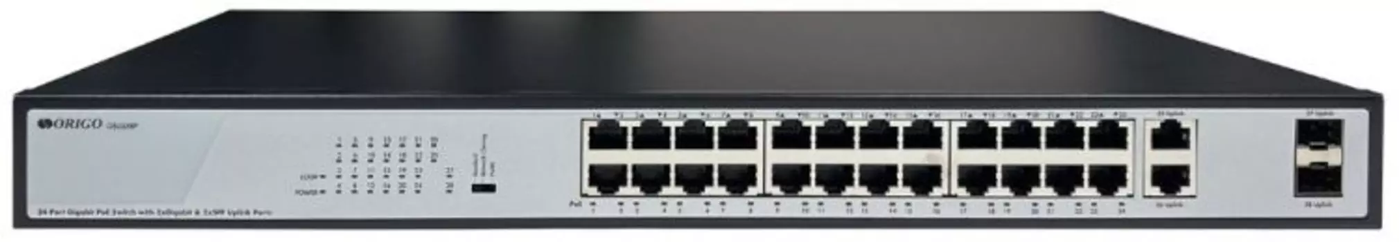 Коммутатор неуправляемый ORIGO OS2228P/370W/B1A PoE, 26x1000Base-T (24x1000Base-T PoE), 2xCombo 1000Base-T/SFP, PoE-бюджет 370 Вт, PoE до 250 м, 19"