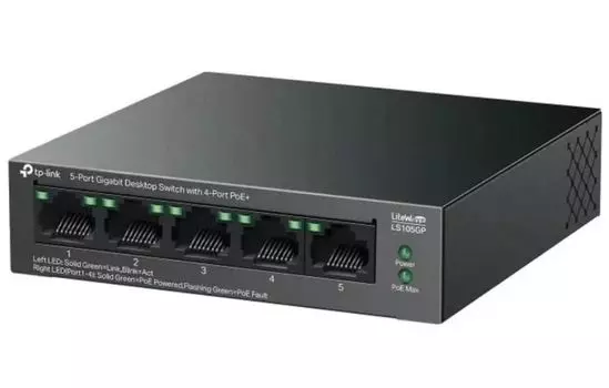 Коммутатор неуправляемый TP-LINK LS105GP 5x10/100/1000BASE-T, металл.корпус, настольный (4 порта PoE+), 802.3af/at, бюджет PoE-65 Вт, до 250 м.