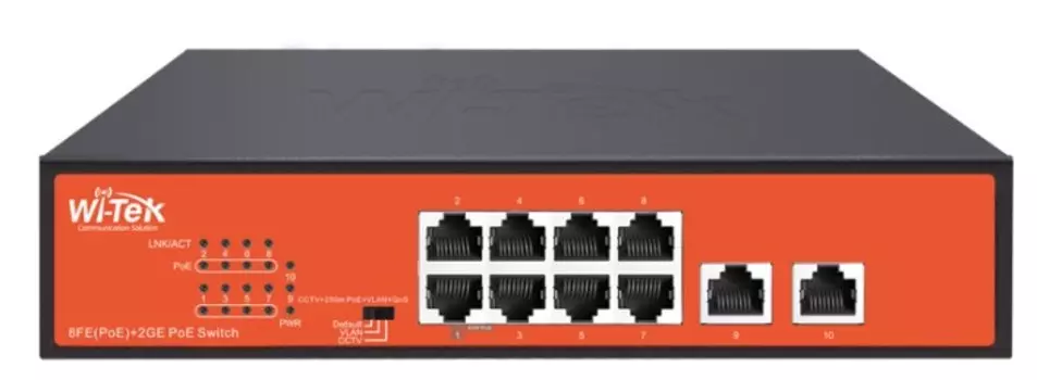 Коммутатор неуправляемый Wi-Tek WI-PS210G v4 PoE 120Вт, порты 8 PoE FE + 2GE, режимы CCTV/VLAN, Watchdog, QoS