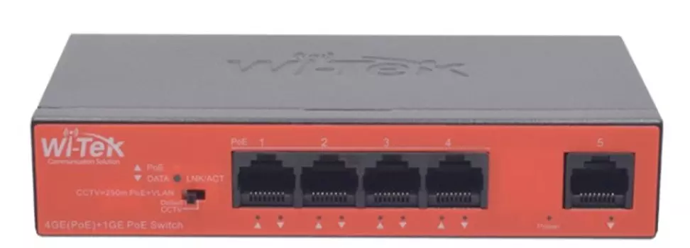 Коммутатор неуправляемый Wi-Tek WI-PS305GH PoE 45Вт, порты 4 PoE GE + 1GE, режим VLAN, Watchdog