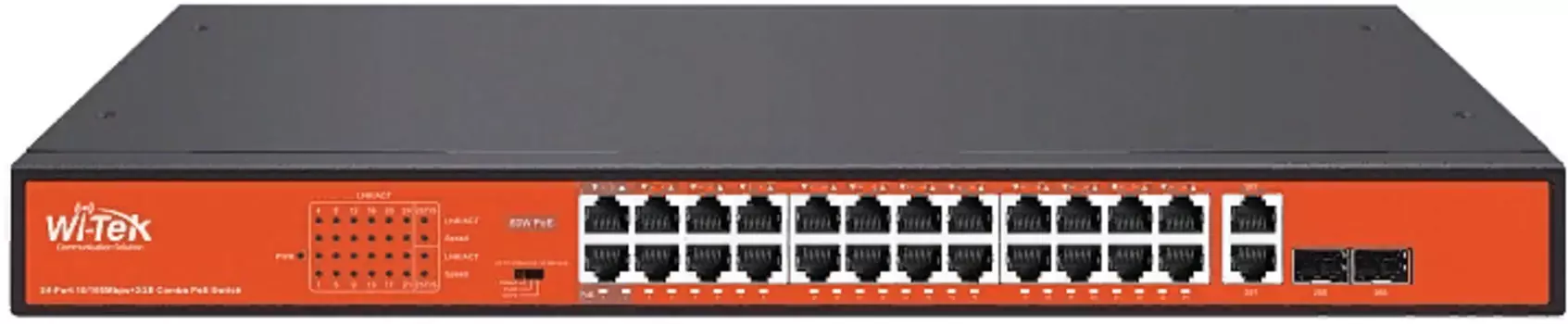 Коммутатор неуправляемый Wi-Tek WI-PS526G v4 PoE 250Вт, порты 24 PoE FE, 2 Combo, режим 250м, VLAN, Watchdog