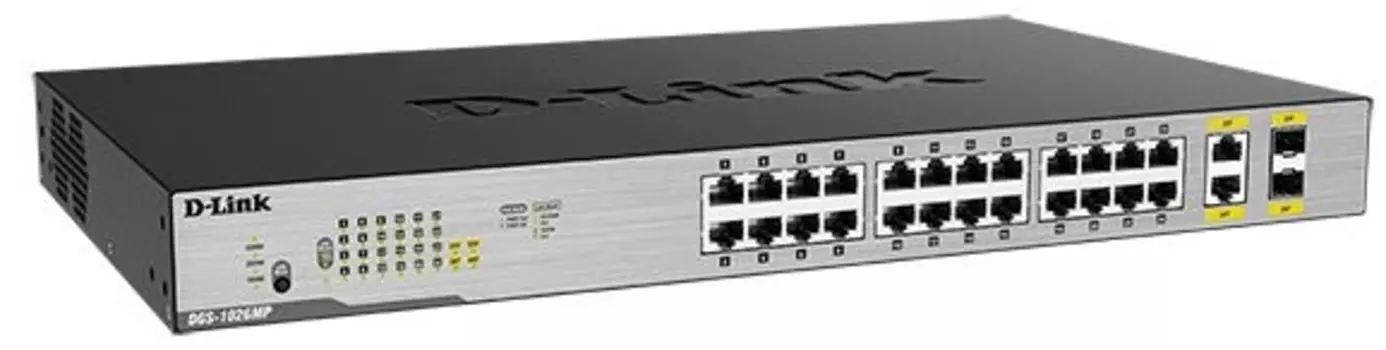 Коммутатор PoE D-link DGS-1026MP/A1A (УЦЕНЕННЫЙ) 24xUTP 10/100/1000 PoE (370 Вт), 2xCombo100/1000Base-T/SFP, 19", rev /A1A, /B1A