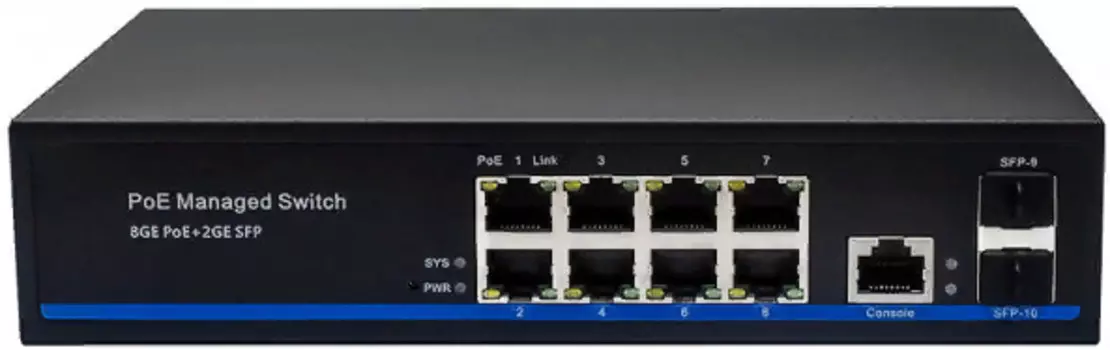 Коммутатор PoE NST NS-SW-8G2G-PL управляемый L2 Gigabit Ethernet. Порты: 8 x GE (10/100/1000 Base-T) с поддержкой PoE (IEEE 802.3af/at), 2 x GE SFP (1