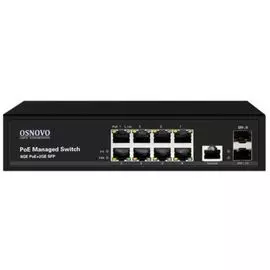 Коммутатор PoE OSNOVO SW-80802/L(150W) на 8 RJ45 PoE + 2 x GE SFP, 8 x GE (10/100/1000 Base-T) PoE (IEEE 802.3af/at), 2 x GE SFP (1000 Base-X). PoE IE