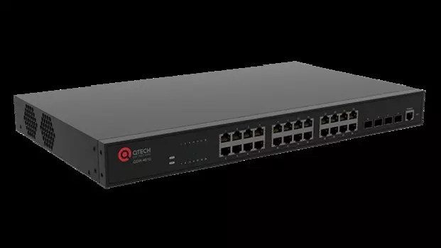 Коммутатор PoE QTECH QSW-4610-28T-POE-AC L2, 24*10/100/1000BASE-TX, 4*100/1000Base-X SFP, 16K MAC-адресов, 4К VLAN, 8 Queue, 100-240V АС, POE 370 Вт