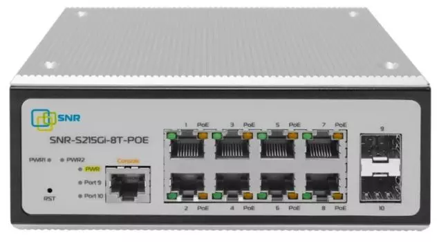 Коммутатор промышленный управляемый SNR SNR-S215Gi-8T-POE Web Smart POE, уровня 2, 8 портов 10/100/1000BaseT, 2 порта 100/1000BaseX (SFP), два входа 4