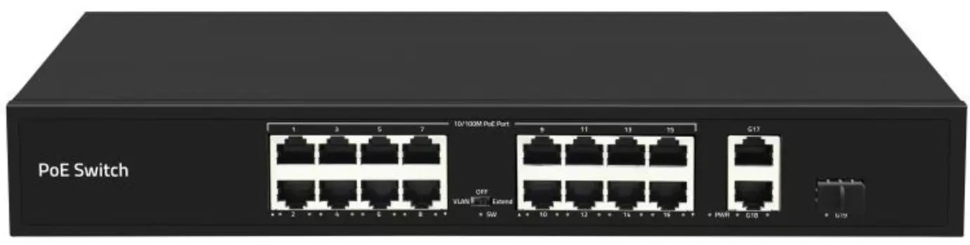 Коммутатор Smartec ST-NS116MB-GDF неадминистрируемый, 16 RJ-45 POE портов (10/100 Мбит/с), 2 RJ-45 Uplink порта (1000 Мбит/с), 1 SFP порт (1000 Мбит/с