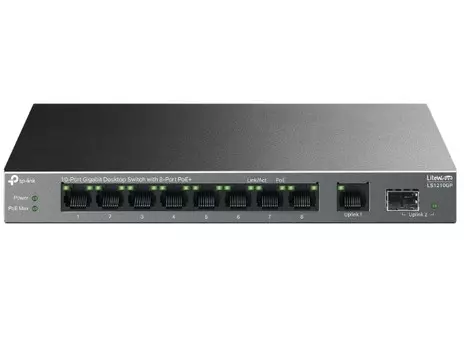 Коммутатор TP-LINK LS1210GP настольный с 9 гигабитными портами RJ45 (8 портов PoE+) и портом SFP