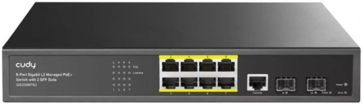 Коммутатор управляемый Cudy GS2008PS2 Layer 2 8 Ports 10/100/1000M PoE, 1-8 Port support POE(802.3at/af) ,with 2 Gigabit SFP ports + 1 Port, IEEE 802.