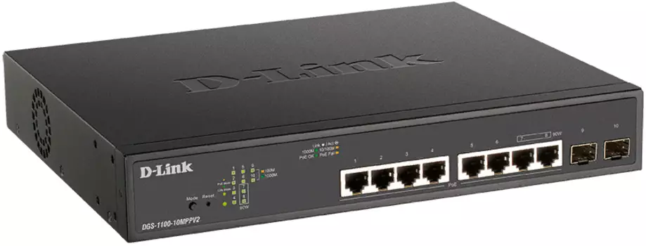 Коммутатор управляемый D-link DGS-1100-10MPPV2/A3A 8x10/100/1000Base-T PoE, 2x1000Base-X SFP (порты 1-8 PoE 802.3af/at, порты 7-8 PoE 802.3bt, PoE-бюд