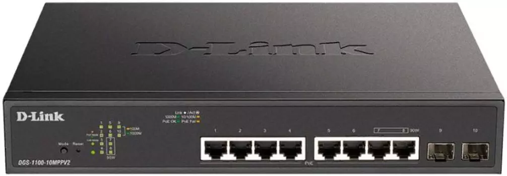 Коммутатор управляемый D-link DGS-1100-10MPV2/A3A 8x10/100/1000Base-T PoE (PoE-бюджет 130Вт), 2x1000Base-X SFP, L2