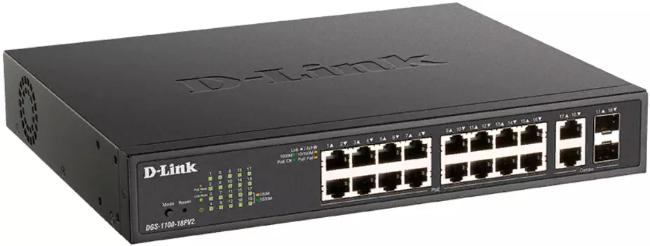 Коммутатор управляемый D-link DGS-1100-18PV2/A3A 16x10/100/1000Base-T PoE (PoE-бюджет 130 Вт), 2xCOMBO 1000Base-T/SFP, L2