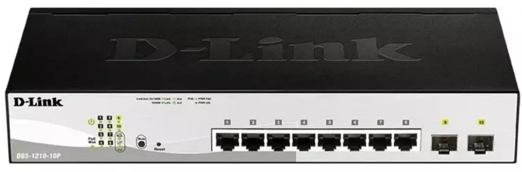 Коммутатор управляемый D-link DGS-1210-10P/FL2A 8x1000Base-T PoE, 2x1000Base-X SFP, PoE Budget 65W, Surge 6KV
