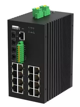 Коммутатор управляемый GIGALINK GL-SW-G207-16P4ST-I промышленный L2+, 16*10/100/1000Мбит/с PoE (af/at), 4*1/2.5/10Гбит/с SFP+, Крепление на DIN-рейку,