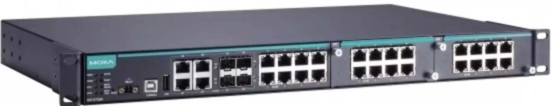 Коммутатор управляемый MOXA IKS-6728A-4GTXSFP-24-24-T модульный Ethernet: 8 портов 10/100BaseT(X), 4 комбо-порта 10/100/1000BaseT(X) (RJ45 + SFP), 2 с