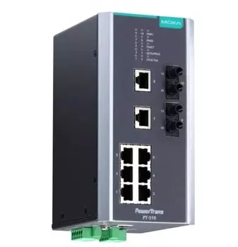 Коммутатор управляемый MOXA PT-510-MM-ST-HV DIN-Rail switch, 8 x 10/100BaseT(X), 2 x 100BaseFX MM, ST connectors, 1 power su