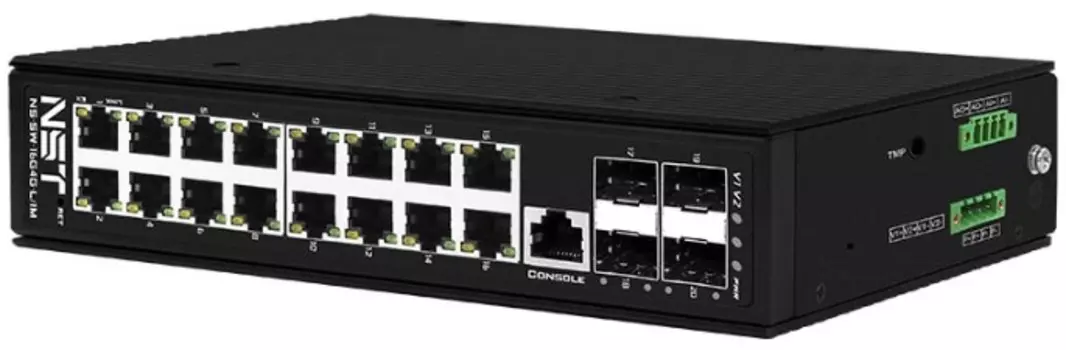 Коммутатор управляемый NST NS-SW-16G4G-L/IM промышленный L2+ Gigabit Ethernet на 16GE RJ45 + 4 GE SFP порта с функцией мониторинга температуры/ влажно