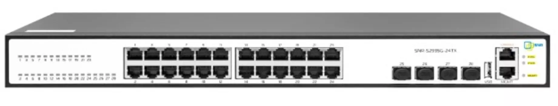 Коммутатор управляемый SNR SNR-S2995G-24TX-DC уровня 3, 24 порта 10/100/1000Base-T и 4 порта 1/10G SFP+, встроенный БП ~220V AC, RPS 36-72V DC