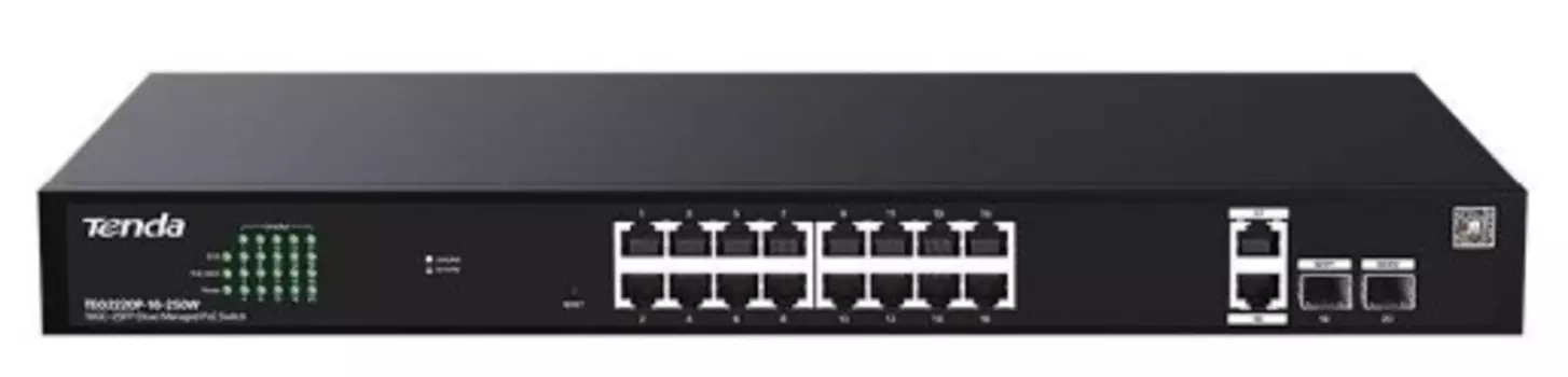 Коммутатор управляемый Tenda TEG2220P-16-250W PoE, 18 портов, 18x1 Гбит/с, SFP 2x1 Гбит/с, PoE 16x30Вт (до 230Вт)