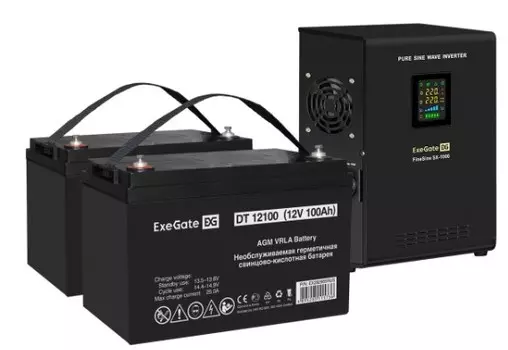 Комплект Exegate FineSine SX-1000.LCD.AVR.2SH EX296554RUS ИБП EX295997RUS + батарея 100Aч EX282985RUS 1шт (инвертор, синус, для котла, настенный) 1000
