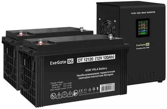 Комплект Exegate FineSine SX-1000.LCD.AVR.2SH EX296556RUS ИБП EX295997RUS + батарея 120Aч EX282988RUS 1шт (инвертор, синус, для котла, настенный) 1000