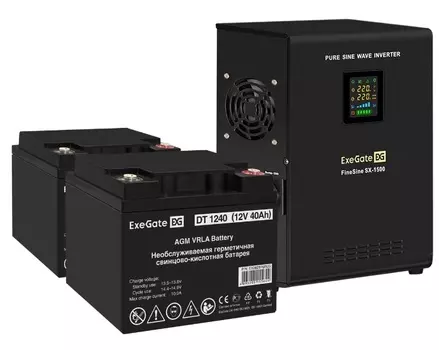 Комплект Exegate FineSine SX-1500.LCD.AVR.2SH EX296566RUS ИБП EX295998RUS + батарея 40Aч EX282976RUS 2шт (инвертор, синус, для котла, настенный) 1500V