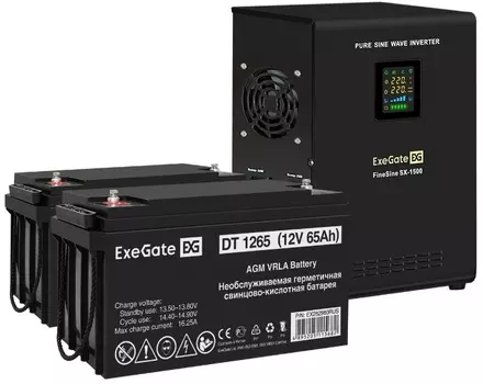 Комплект Exegate FineSine SX-1500.LCD.AVR.2SH EX296571RUS ИБП EX295998RUS + батарея 65Aч EX282980RUS 2шт (инвертор, синус, для котла, настенный) 1500V