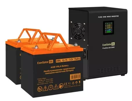Комплект Exegate FineSine SX-2000.LCD.AVR.2SH EX296597RUS ИБП EX296001RUS + батарея 75Aч EX285653RUS 2шт (инвертор, синус, для котла, настенный) 2000V