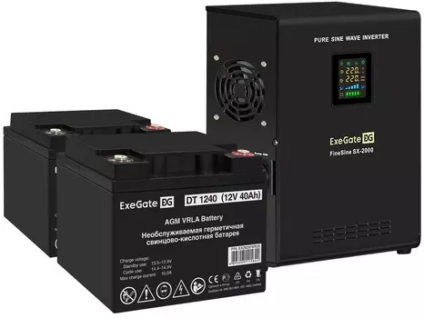 Комплект Exegate FineSine SX-2000.LCD.AVR.2SH EX296589RUS ИБП EX296001RUS + батарея 40Aч EX282976RUS 2шт (инвертор, синус, для котла, настенный) 2000V