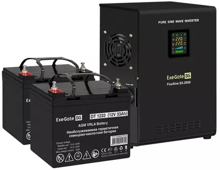 Комплект Exegate FineSine SX-2000.LCD.AVR.2SH EX296587RUS ИБП EX296001RUS + батарея 33Aч EX282974RUS 2шт (инвертор, синус, для котла, настенный) 2000V