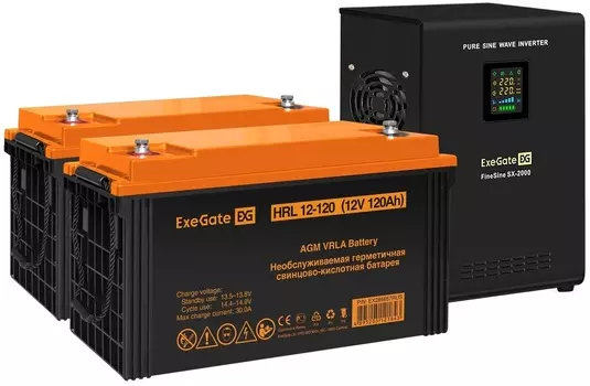 Комплект Exegate FineSine SX-2000.LCD.AVR.2SH EX296603RUS ИБП EX296001RUS + батарея 120Aч EX285657RUS 2шт (инвертор, синус, для котла, настенный) 2000