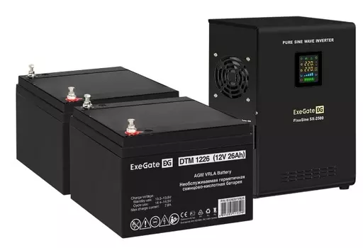 Комплект Exegate FineSine SX-2500.LCD.AVR.2SH EX296608RUS ИБП EX296002RUS + батарея 26Aч EX282970RUS 2шт (инвертор, синус, для котла, настенный) 2500V