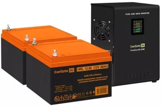 Комплект Exegate FineSine SX-2500.LCD.AVR.2SH EX296609RUS ИБП EX296002RUS + батарея 26Aч EX285663RUS 2шт (инвертор, синус, для котла, настенный) 2500V