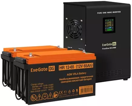 Комплект Exegate FineSine SX-2500.LCD.AVR.2SH EX296618RUS ИБП EX296002RUS + батарея 65Aч EX282982RUS 2шт (инвертор, синус, для котла, настенный) 2500V