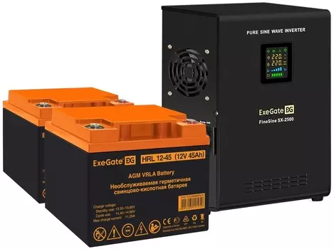 Комплект Exegate FineSine SX-2500.LCD.AVR.2SH EX296614RUS ИБП EX296002RUS + батарея 45Aч EX285666RUS 2шт (инвертор, синус, для котла, настенный) 2500V