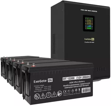Комплект Exegate FineSine SX-5000.LCD.AVR.2SH.T EX296676RUS ИБП EX296004RUS + батарея 200Aч EX282991RUS 4шт (инвертор, синус, для котла, настенный) 50