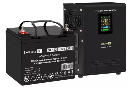 Комплект Exegate FineSine SX-500.LCD.AVR.2SH EX296495RUS ИБП EX295995RUS + батарея 33Aч EX282974RUS 1шт (инвертор, синус, для котла, настенный) 500VA/