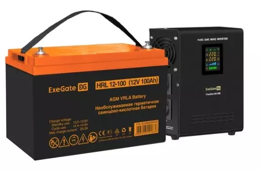 Комплект Exegate FineSine SX-500.LCD.AVR.2SH EX296509RUS ИБП EX295995RUS + батарея 100Aч EX285656RUS 1шт (инвертор, синус, для котла, настенный) 500VA