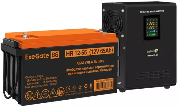 Комплект Exegate FineSine SX-500.LCD.AVR.2SH EX296503RUS ИБП EX295995RUS + батарея 65Aч EX282982RUS 1шт (инвертор, синус, для котла, настенный), 500VA