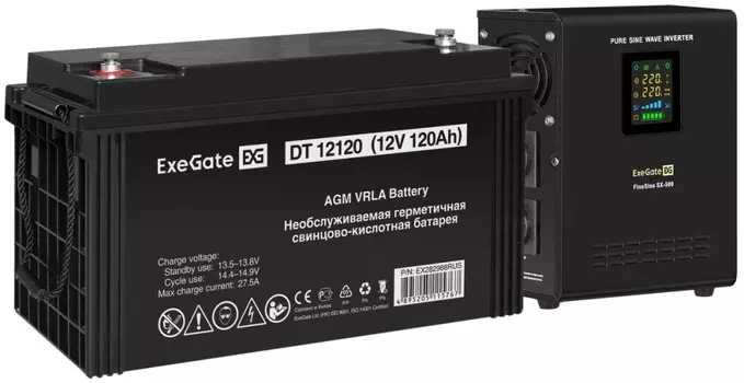 Комплект Exegate FineSine SX-500.LCD.AVR.2SH EX296510RUS ИБП EX295995RUS + батарея 120Aч EX282988RUS 1шт (инвертор, синус, для котла, настенный), 500V