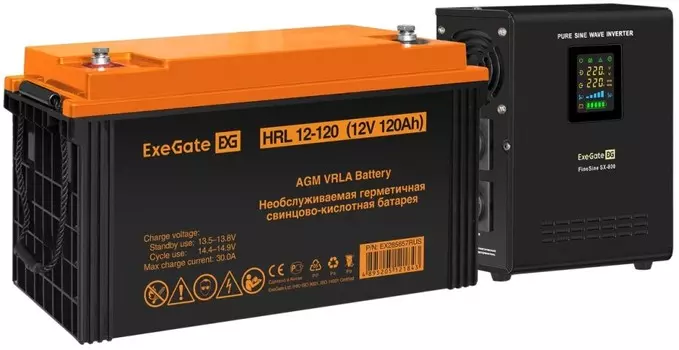 Комплект Exegate FineSine SX-800.LCD.AVR.2SH EX296534RUS ИБП EX295996RUS + батарея 120Aч EX285657RUS 1шт (инвертор, синус, для котла, настенный), 800V