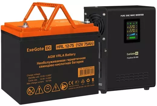 Комплект Exegate FineSine SX-800.LCD.AVR.2SH EX296528RUS ИБП EX295996RUS + батарея 75Aч EX285653RUS 1шт (инвертор, синус, для котла, настенный) 800VA/
